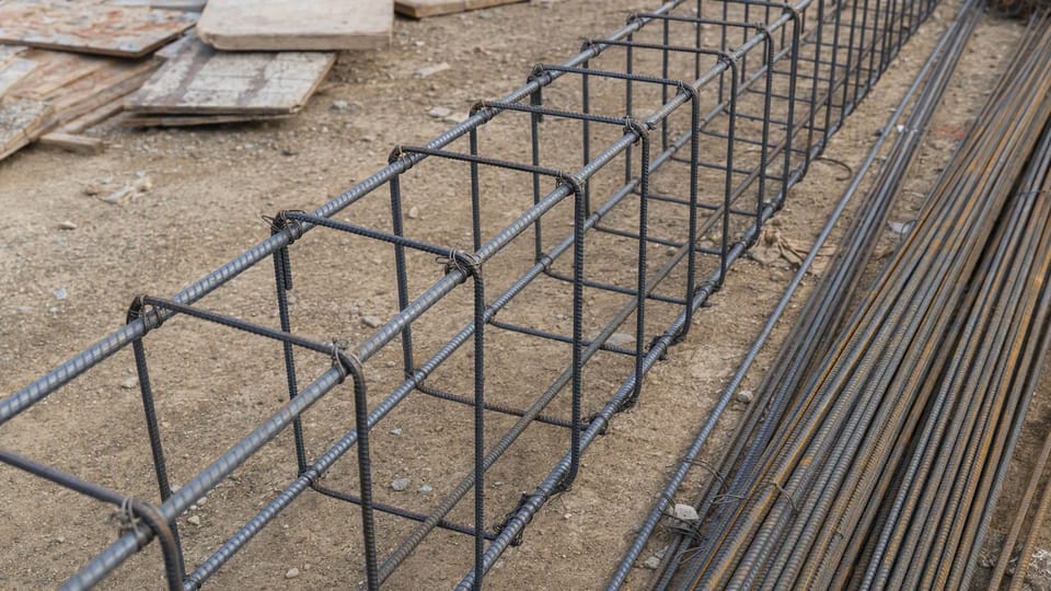 A tied reinforcement cage for a beam lying on a site, with main bars and square stirrups, and bundles of bars beside it