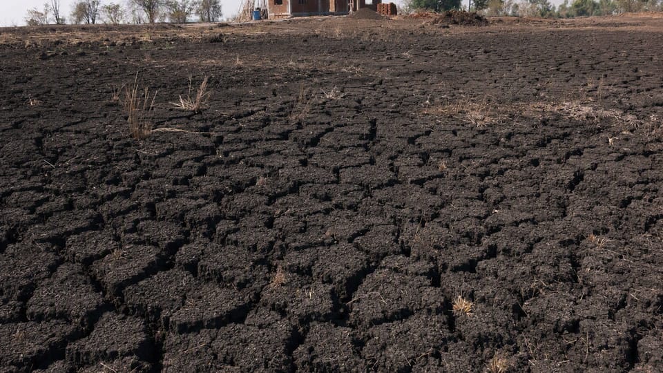 A dry plot of very dark clay soil split by wide shrinkage cracks, with a half-built brick house in the distance