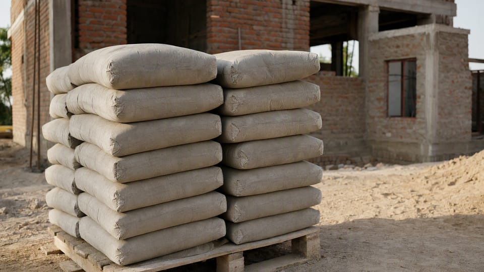 Plain grey cement bags stacked on a wooden pallet in front of a half-built brick house