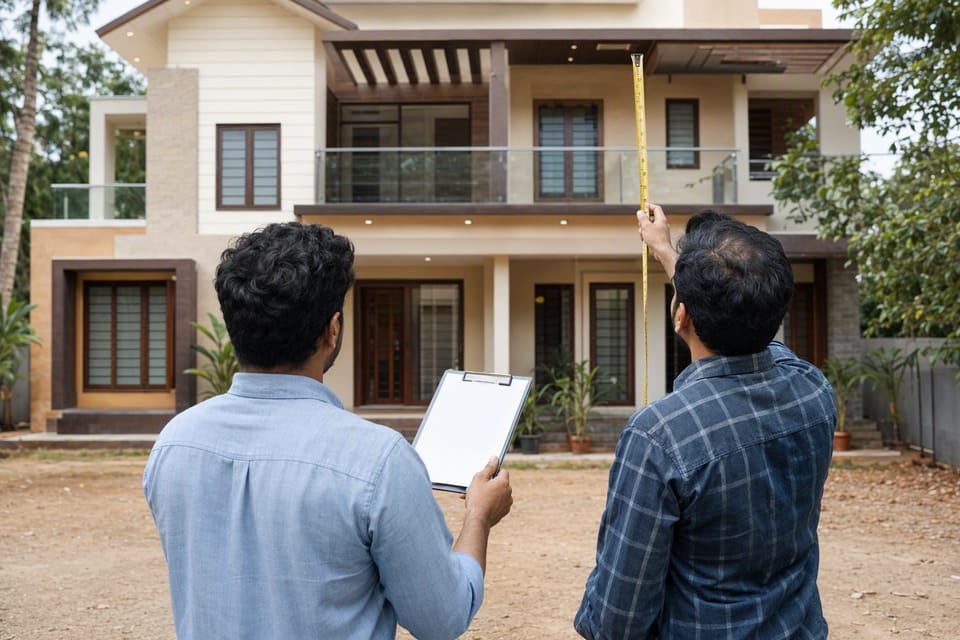 Two people seen from behind checking a newly finished house with a clipboard and a measuring tape