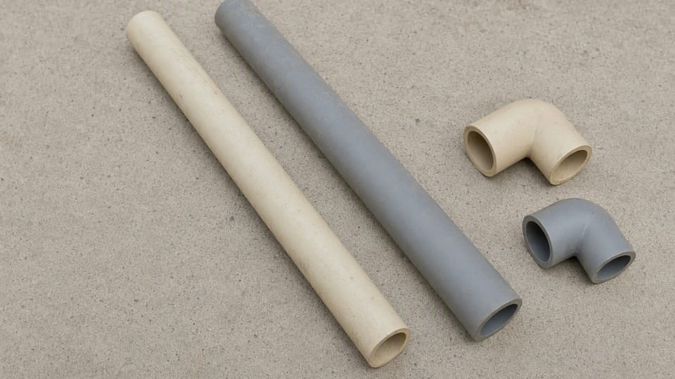 Two plastic pipes and two elbow fittings on a concrete floor, one set cream coloured and one grey