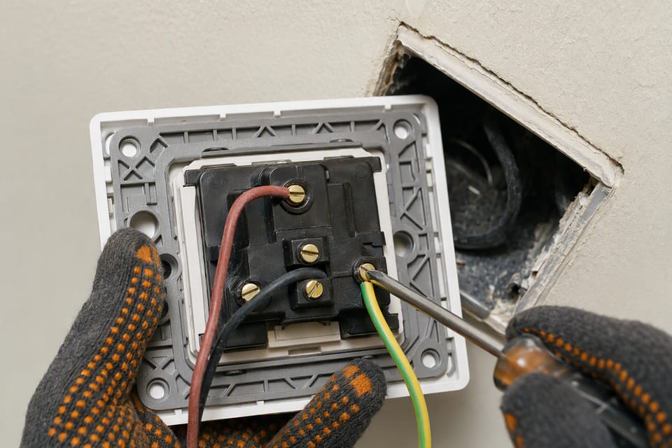 Gloved hands wiring the back of a three-pin socket, with red, black and green-and-yellow wires on separate terminals