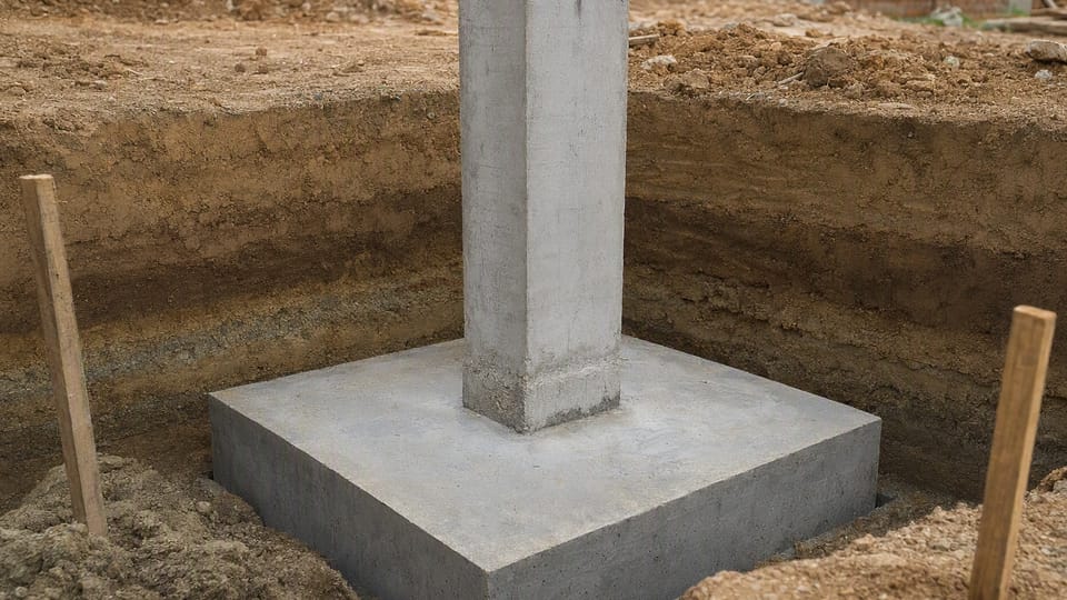 A square concrete footing pad with a concrete column rising from it inside an excavated pit on a building plot