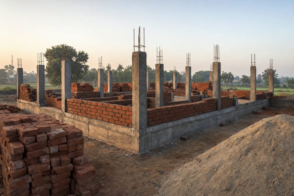 A house at plinth stage: concrete columns with reinforcement bars, started brick walls, and stacks of bricks and sand