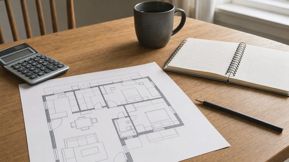 A printed house floor plan on a table with a calculator, a notebook and a pencil