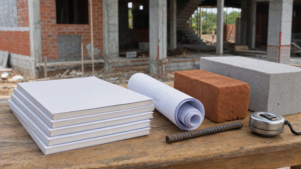 A stack of plain booklets, a rolled drawing, a red brick, a grey block, a steel bar and a measuring tape on a site table in front of a house under construction