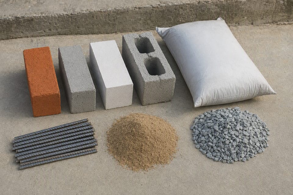 Samples of a red brick, a fly ash brick, an AAC block, a hollow concrete block, steel bars, sand, stone aggregate and a cement bag laid out on a site floor