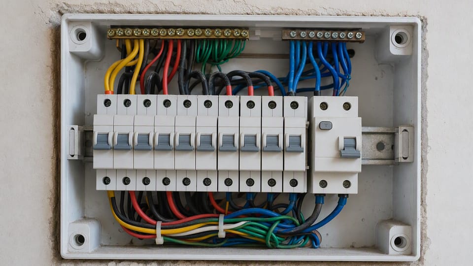 An open home electrical distribution board with a row of narrow circuit breakers and a wider residual current breaker with a test button
