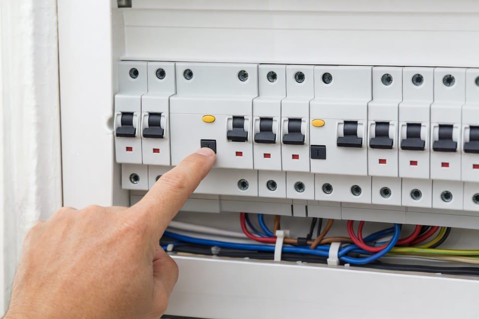 A finger pressing the test button on a residual current breaker in a home distribution board