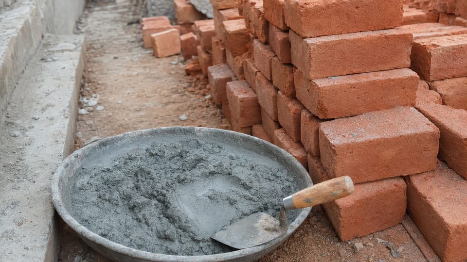 A metal pan of plain grey cement mortar with a trowel beside stacks of red clay bricks on a building site