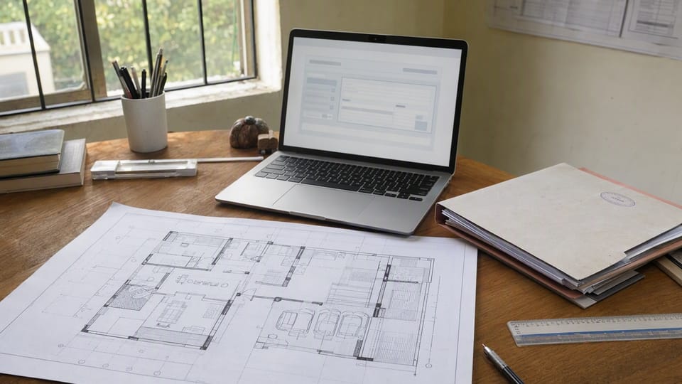 A house floor plan drawing spread on a desk next to a laptop showing a blank online form and a folder of documents