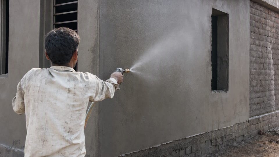 A worker seen from behind spraying a fine mist of water onto a freshly cement-plastered house wall