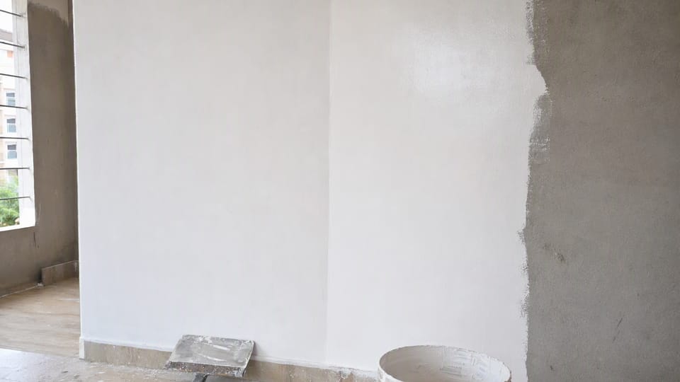 An interior wall being prepared for paint, smooth white on one part and grey cement plaster at the edge, with a putty blade and bucket