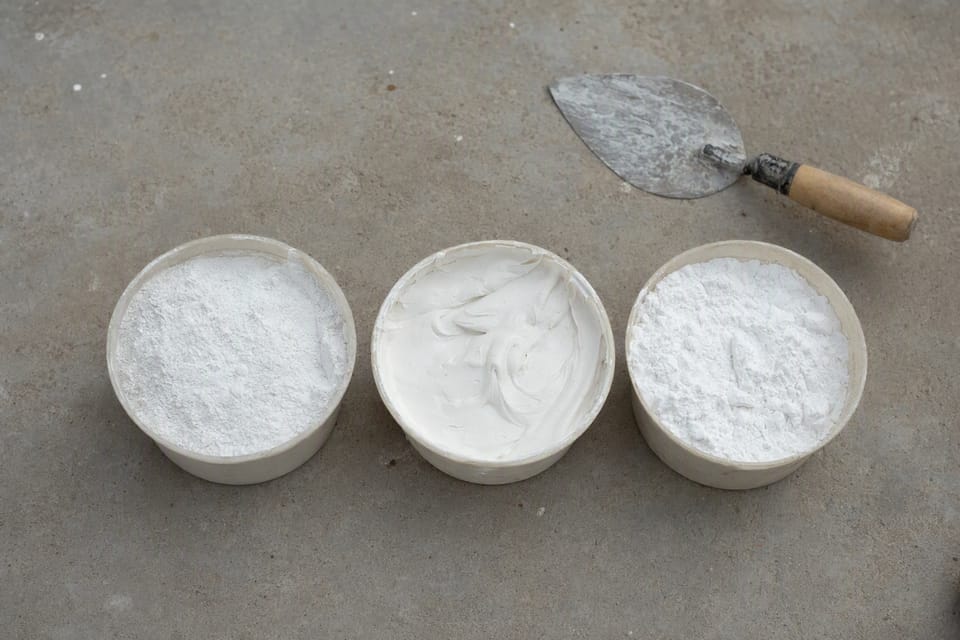 Three small open containers of white powder and a white paste on a concrete floor, with a trowel