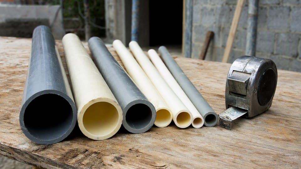 Cut lengths of grey and cream plastic pipes of different diameters lined up on a workbench next to a measuring tape