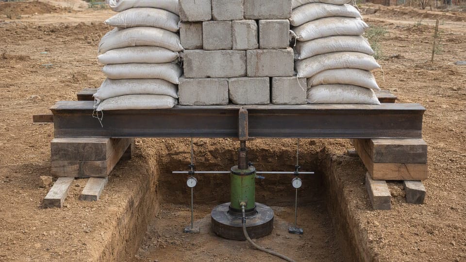 A plate load test on an empty plot, with a steel plate and jack in a pit under a reaction beam loaded with sandbags and concrete blocks