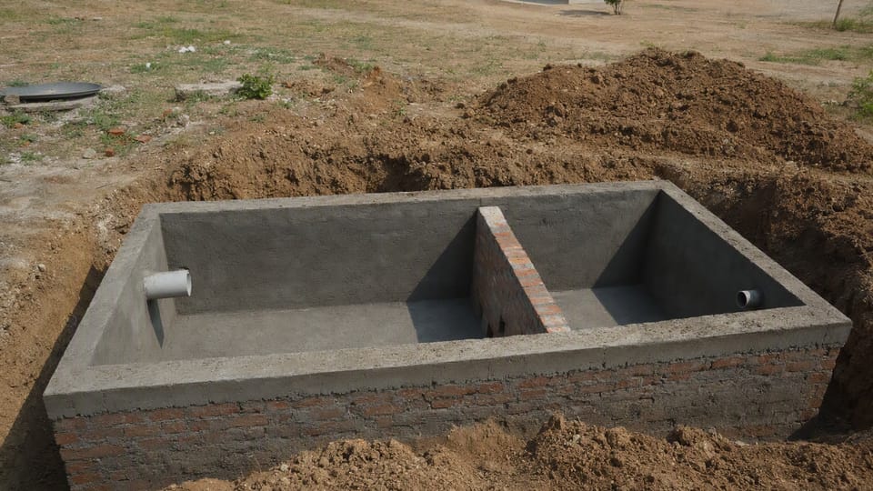 An open rectangular septic tank being built in a pit on an open plot, with a brick partition making a longer first chamber and a shorter second one
