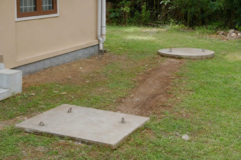 A rectangular septic tank cover and a round soak pit cover in a lawn beside a house, joined by a line of buried pipe