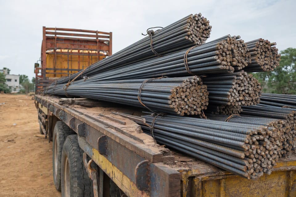 Several tied bundles of long steel bars loaded on the bed of a truck at a building site