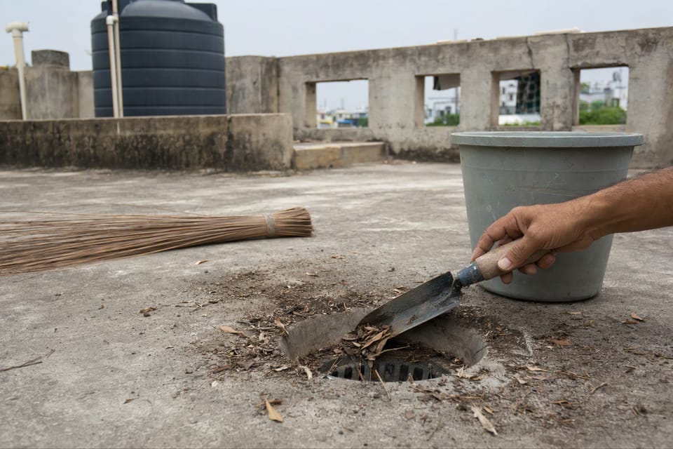 A hand clearing leaves from a round terrace outlet with a trowel, with a broom and bucket beside it