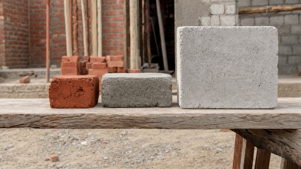 A red clay brick, a grey fly ash brick and a larger pale AAC block side by side on a wooden plank