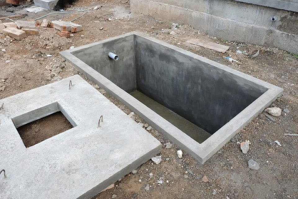 An open underground concrete water sump with an inlet pipe, its cover slab with a manhole opening lying beside it